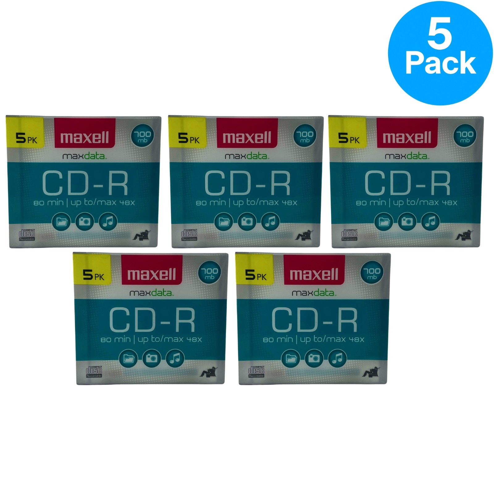 Maxell CD-R 700MB 80 Min 48x Recordable Discs Slim Jewel Cases (5 Pack)