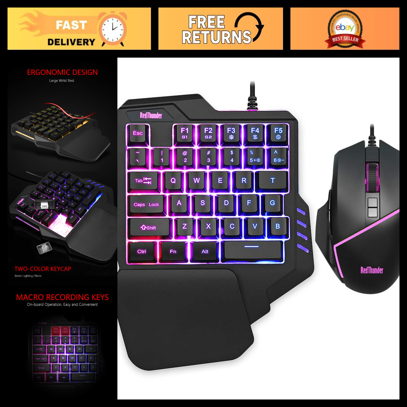 One-Handed RGB Gaming Keyboard & Mouse Combo, 35 Keys Mini Keypad, 6400 DPI