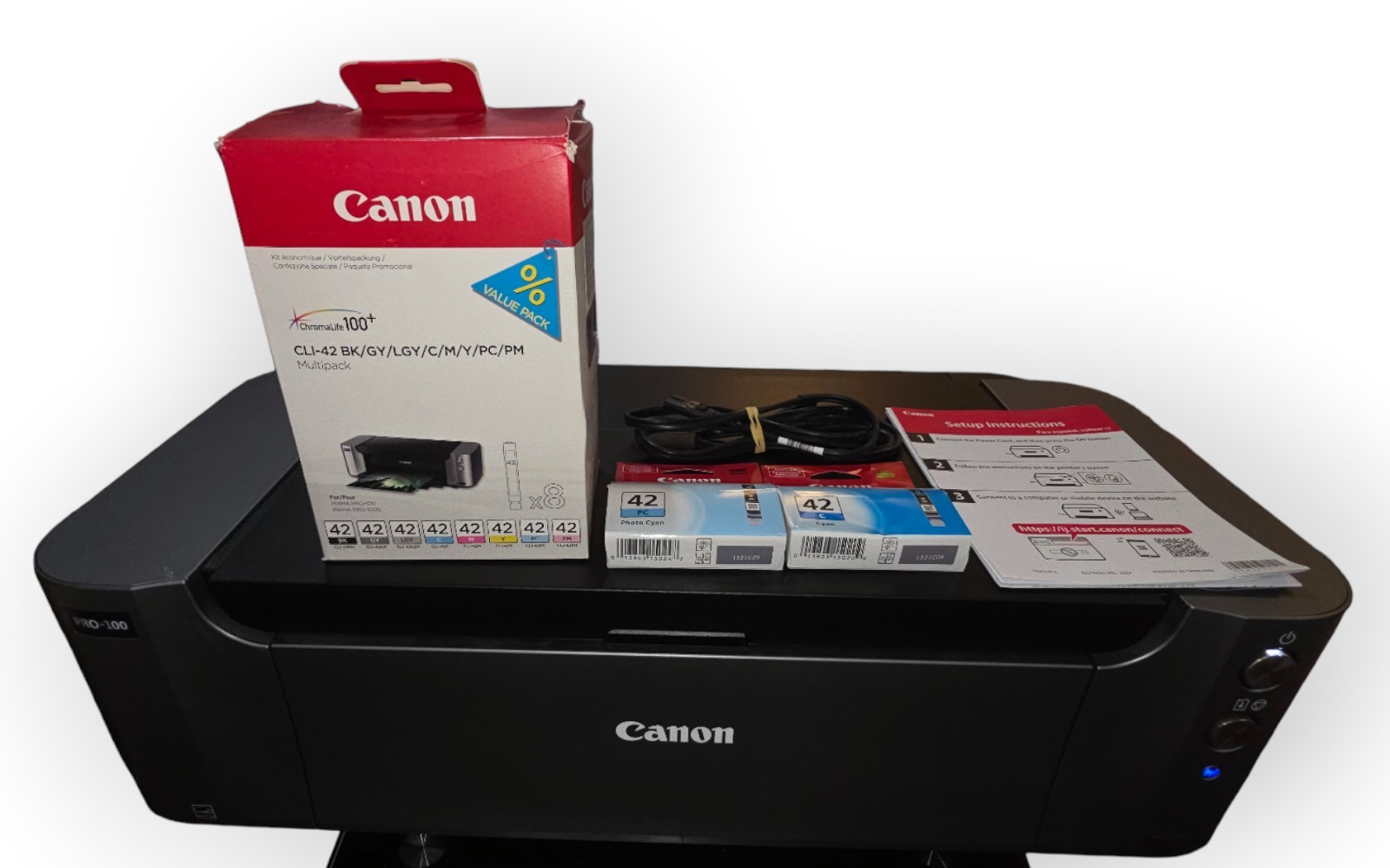 Canon PIXMA PRO-100 Photo Printer Tested 350 Pages + Sealed OEM CLI-42 Ink Set