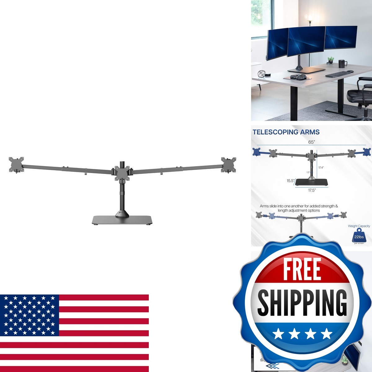 VIVO Black Triple Monitor Desk Stand STAND-TS03F Up to 38 in Ultrawides