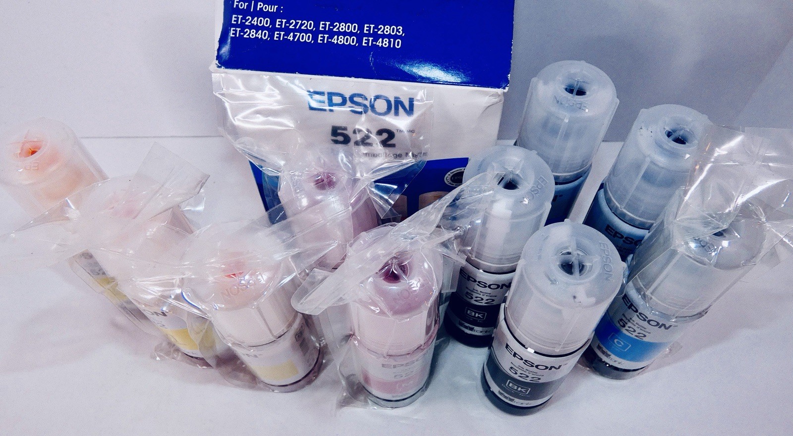 Lot of 10 Epson 522 EcoTank Ink Bottles BK C M Y Genuine OEM Exp 2030