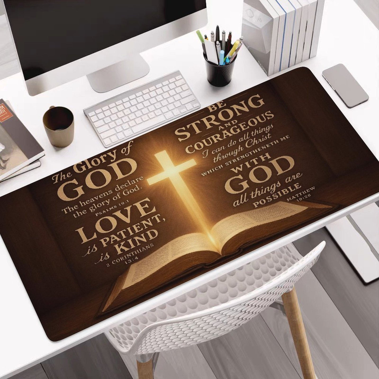 The Bible-Themed Oversized Mouse Pad Showcases Scripture Quotes about Strength