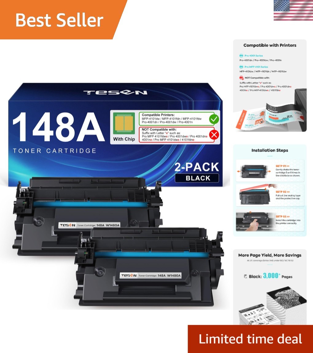 Reliable HP 148A Black Toner Cartridge 2-Pack, Ideal for High-Volume Printing