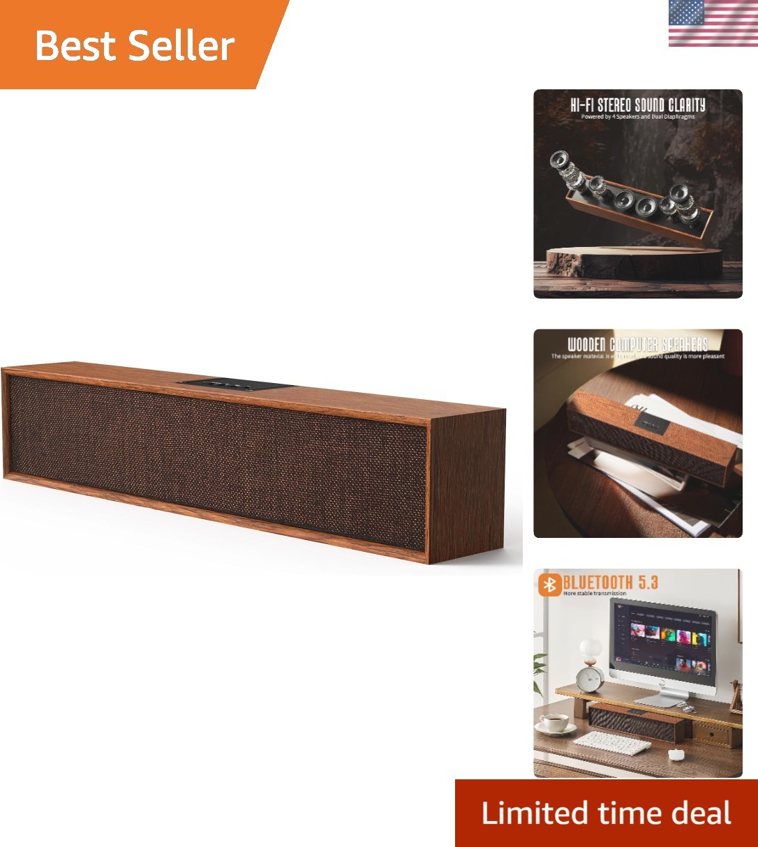 Retro Wood Bluetooth Speaker with Multiple Connectivity Options & Touch Control