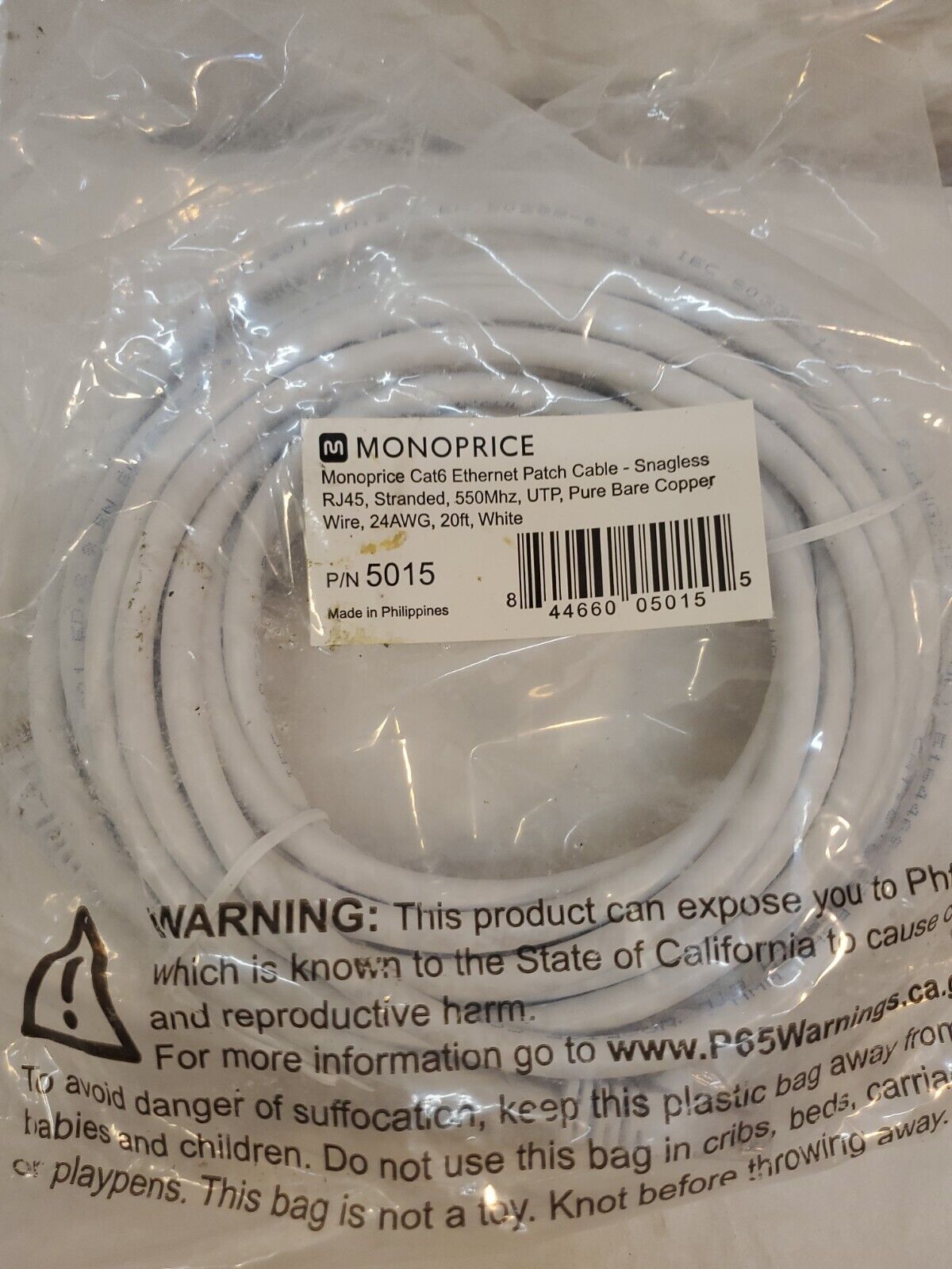 Monoprice 20' RJ45 to RJ45 Networking Cable Male to Male White (105015)