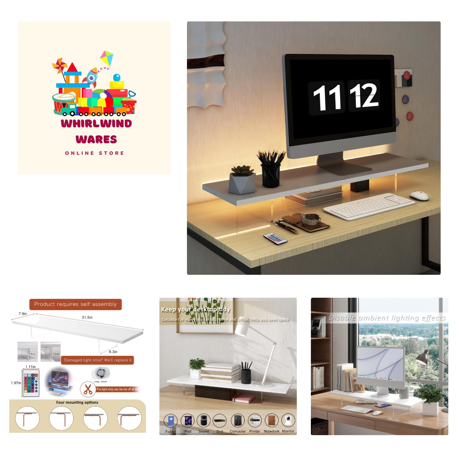 Elegant White Wood & Acrylic Monitor Stand with LED Light Riser - 31.5 Inches