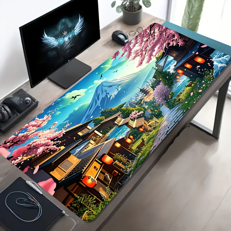 1pc Large Esports Gaming Mouse Pad, Japanese Streetscape Cherry Blossom Distan