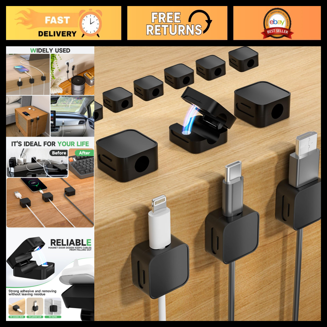 12 Magnetic Cable Clips - Black Organizers for Home & Office, Tangle-Free Soluti