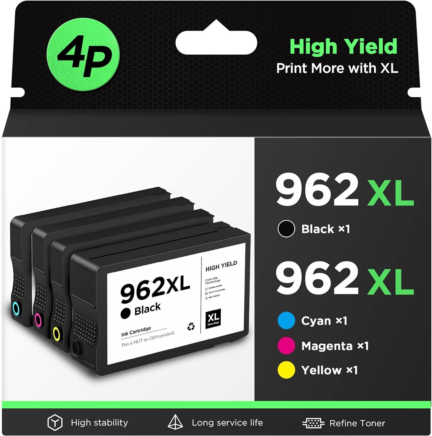 4PCS 962XL Ink Cartridges for HP Officejet Pro 9010 9015 9018 9020 9025 Printers