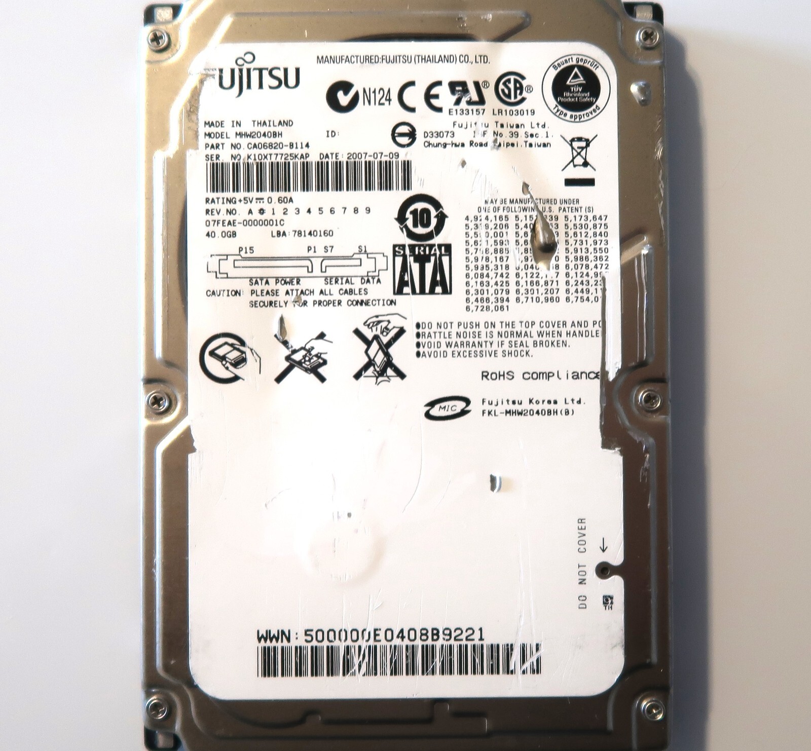 Fujitsu MHW2040BH CA06820-B114 07FEAE-0000001C 40gb Sata 2.5" HDD 07-2007