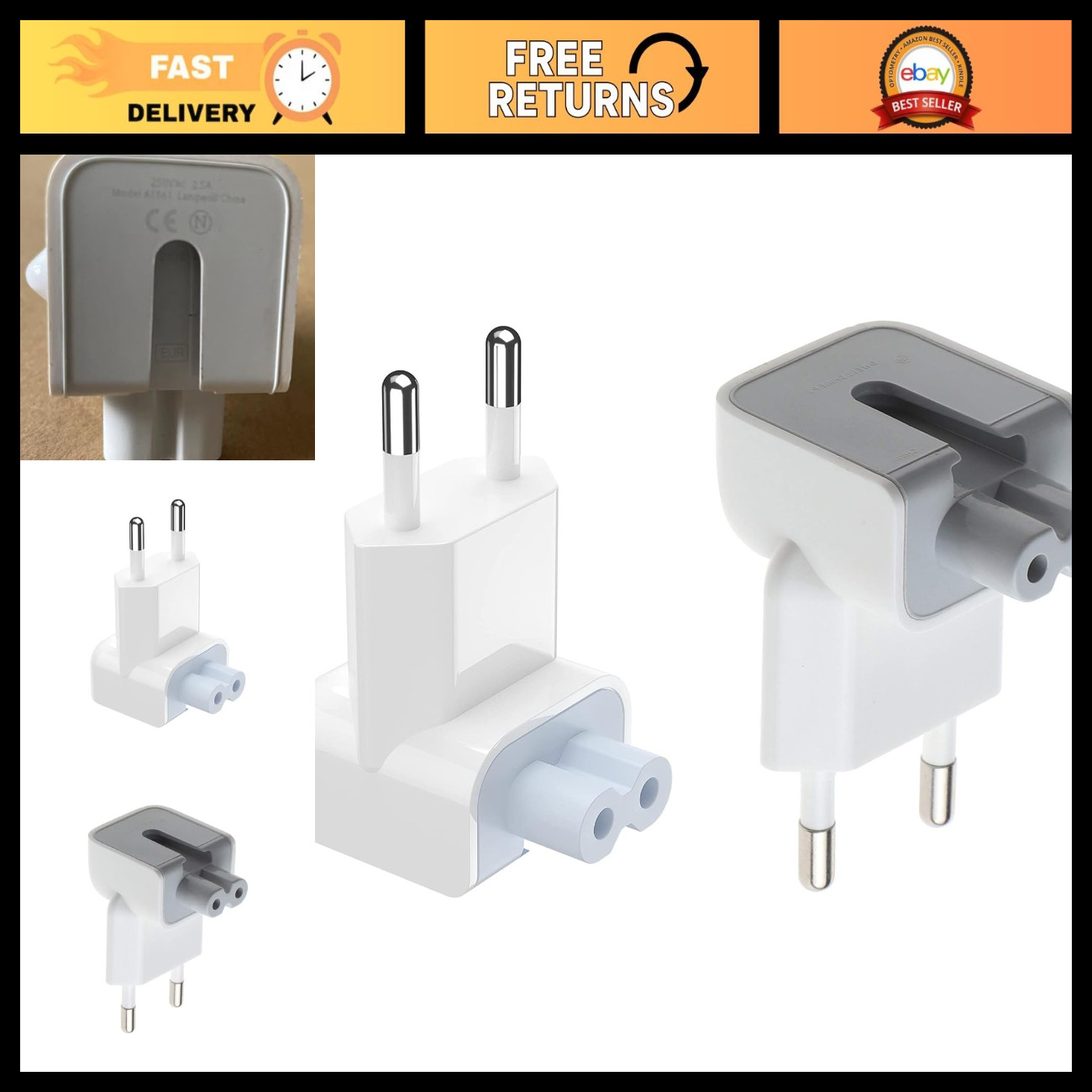 European Plug Adapter for MacBook Power Brick - Travel Charger, Power Converter