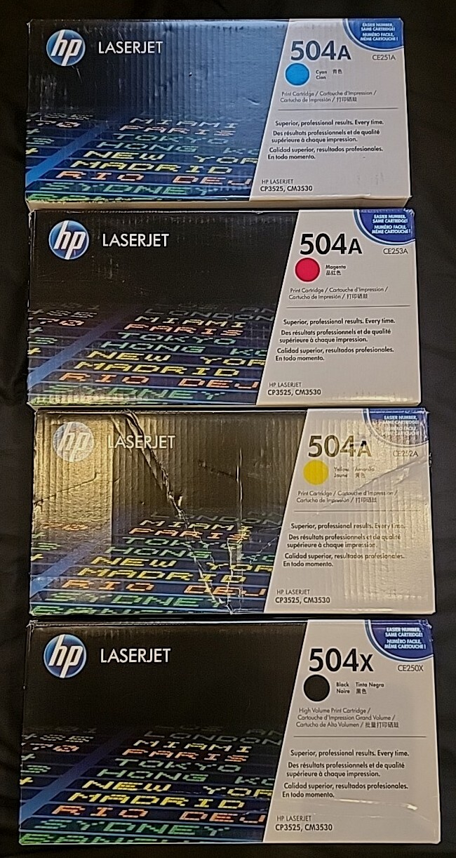 HP toner Set 504A Cyan, Magenta & Yellow & 504X Black All OEM factory Sealed New