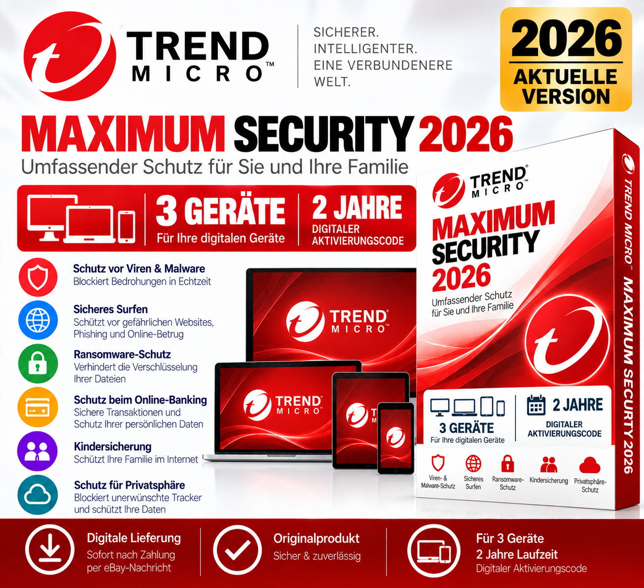 Trend Micro Maximum Security 2026 | 3 Devices | 2 Years / 24 Months | Digital Key