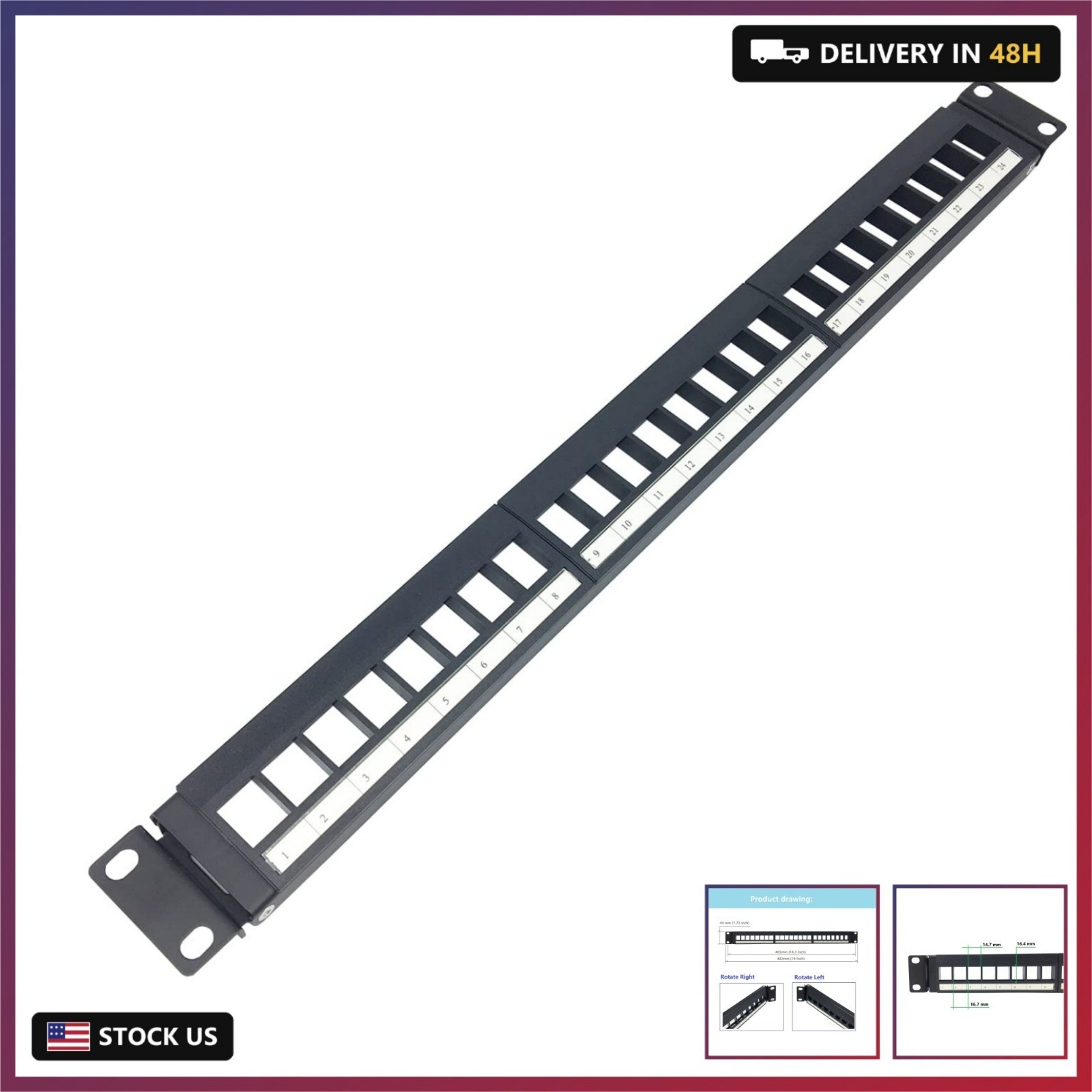 1U Hinged 24 Port Blank Keystone Patch Panel for 19" Rackmount