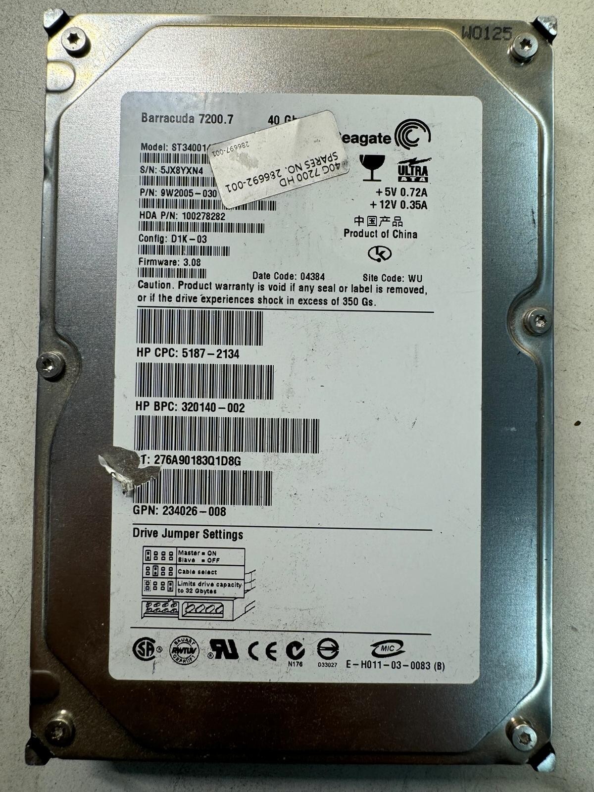 SEAGATE ST340014A 9W2005-030 40GB Firmware 3.08 Date Code 04384 ATA 100MBps 3.5"