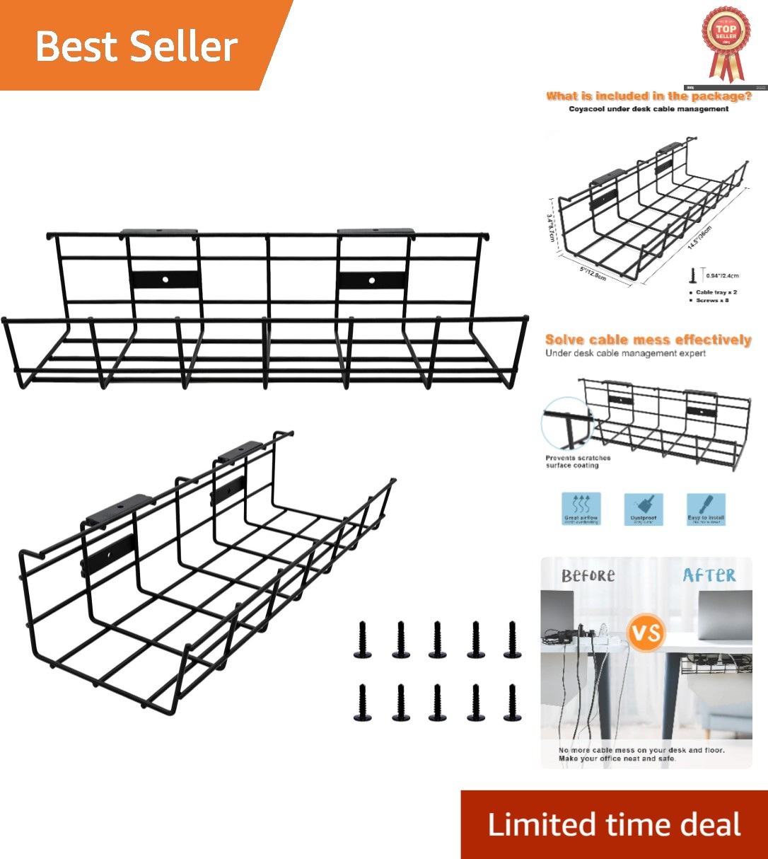 Under Desk Cable Management- 2 Pack Cord Organizer. Metal Wire Cable Manageme...