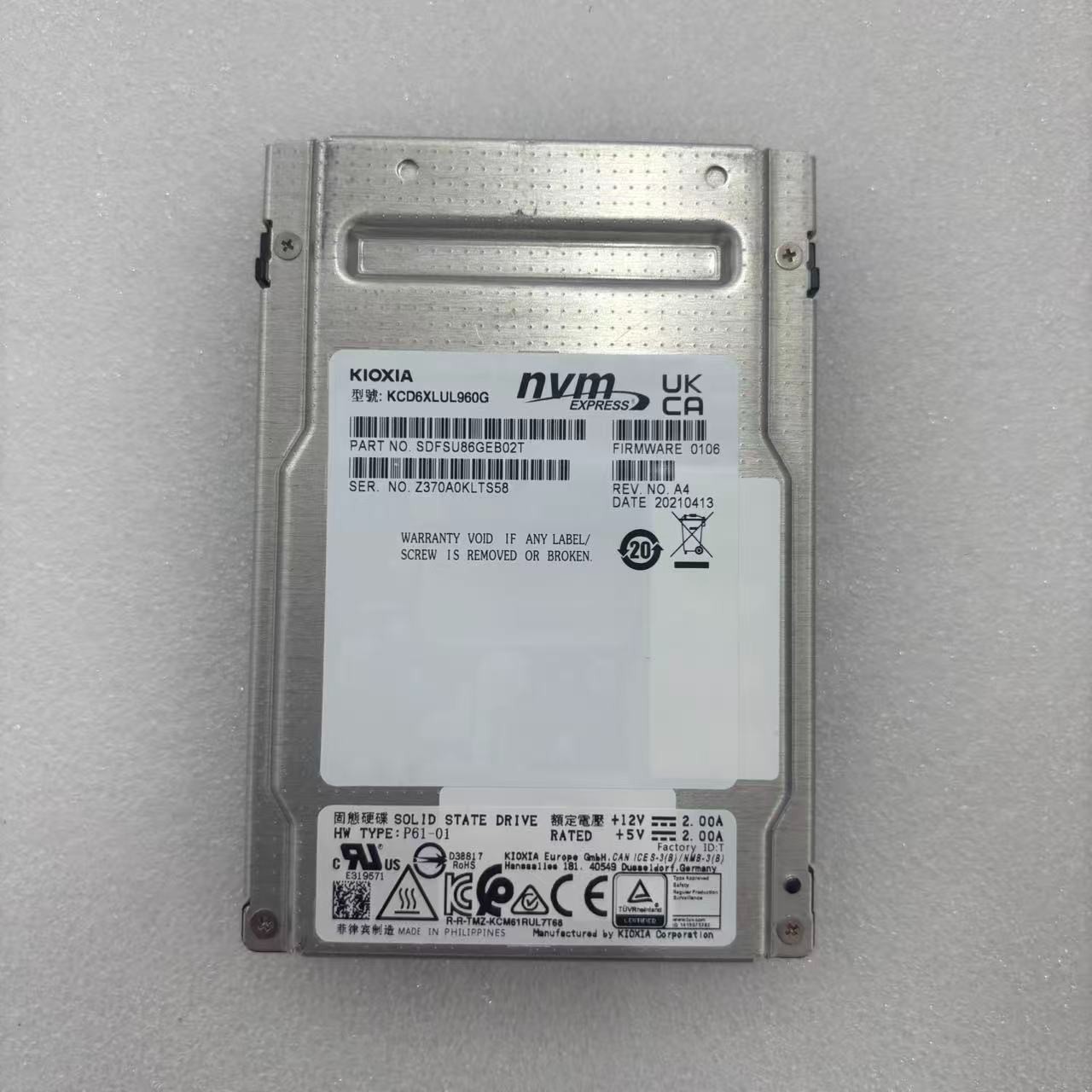 Kioxia KCD6XLUL960G 960GB SDFSU86GEB02T NVMe 2.5 in SSD Solid State Drives