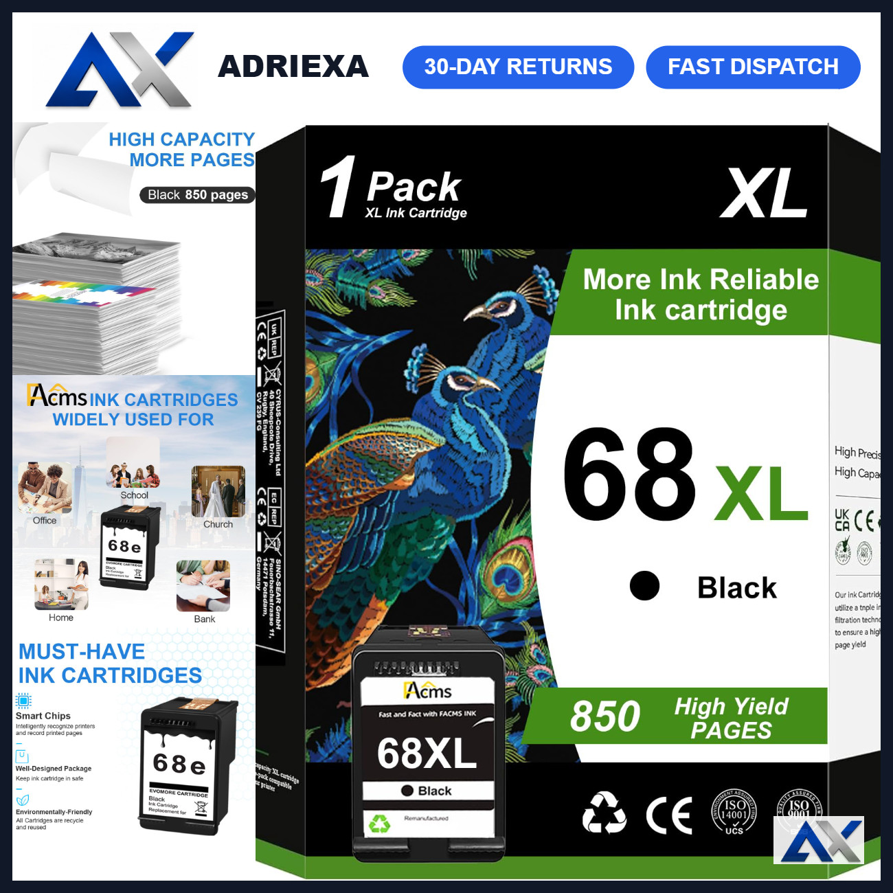 High-Capacity Black Ink Cartridges 68XL Replacement for HP Printers - 2 Pack
