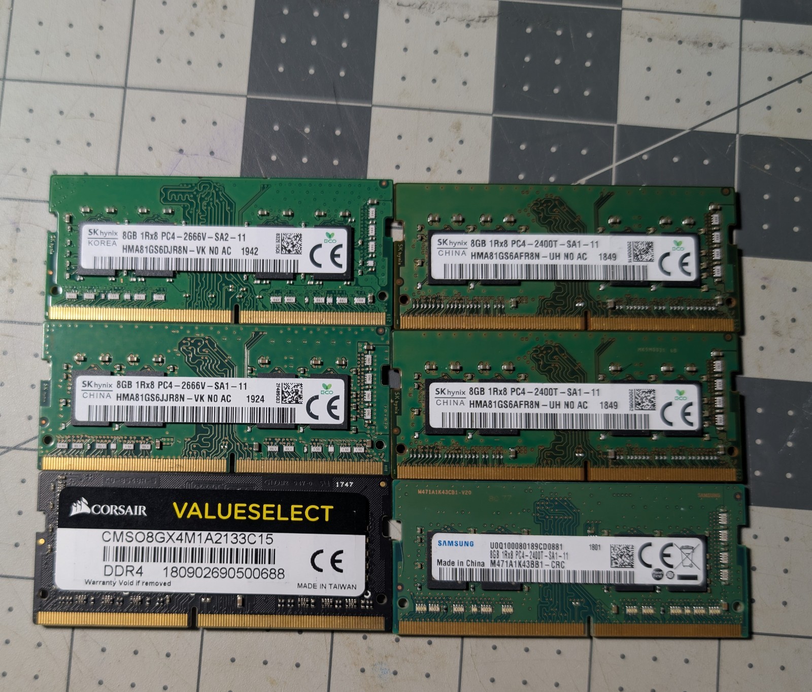 Lot of 6 8GB DDR4 SODIMM Laptop RAM Sticks - SK Hynix,  Mixed Brands Mixed Speed