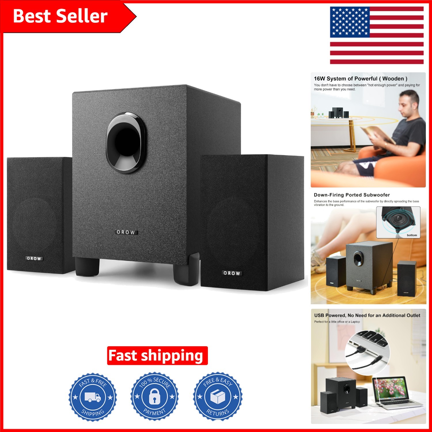 OROW S211 USB-Powered 2.1 Multimedia Speakers with Subwoofer - 16W Sound Quality