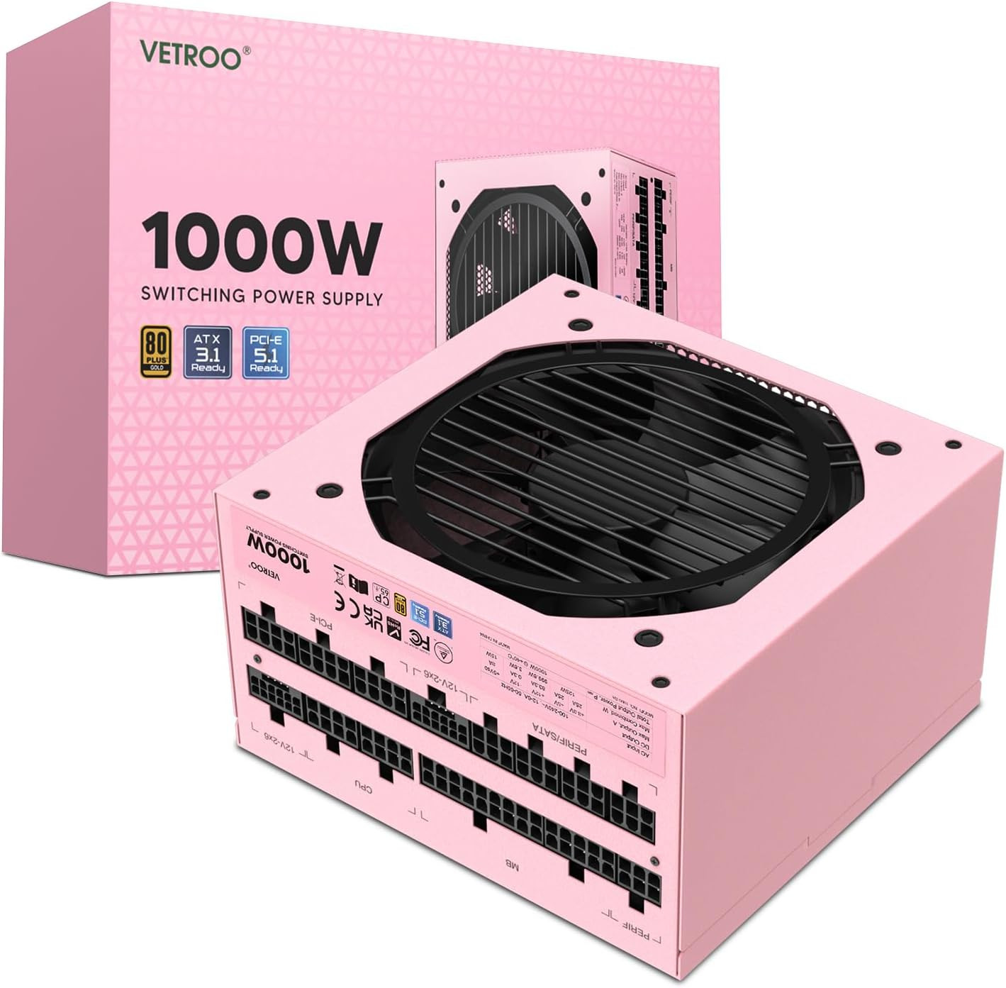 1000W Pink Power Supply ATX 3.1 Ready Dual Pcie 5.1, 80 plus Gold Full Modular, 