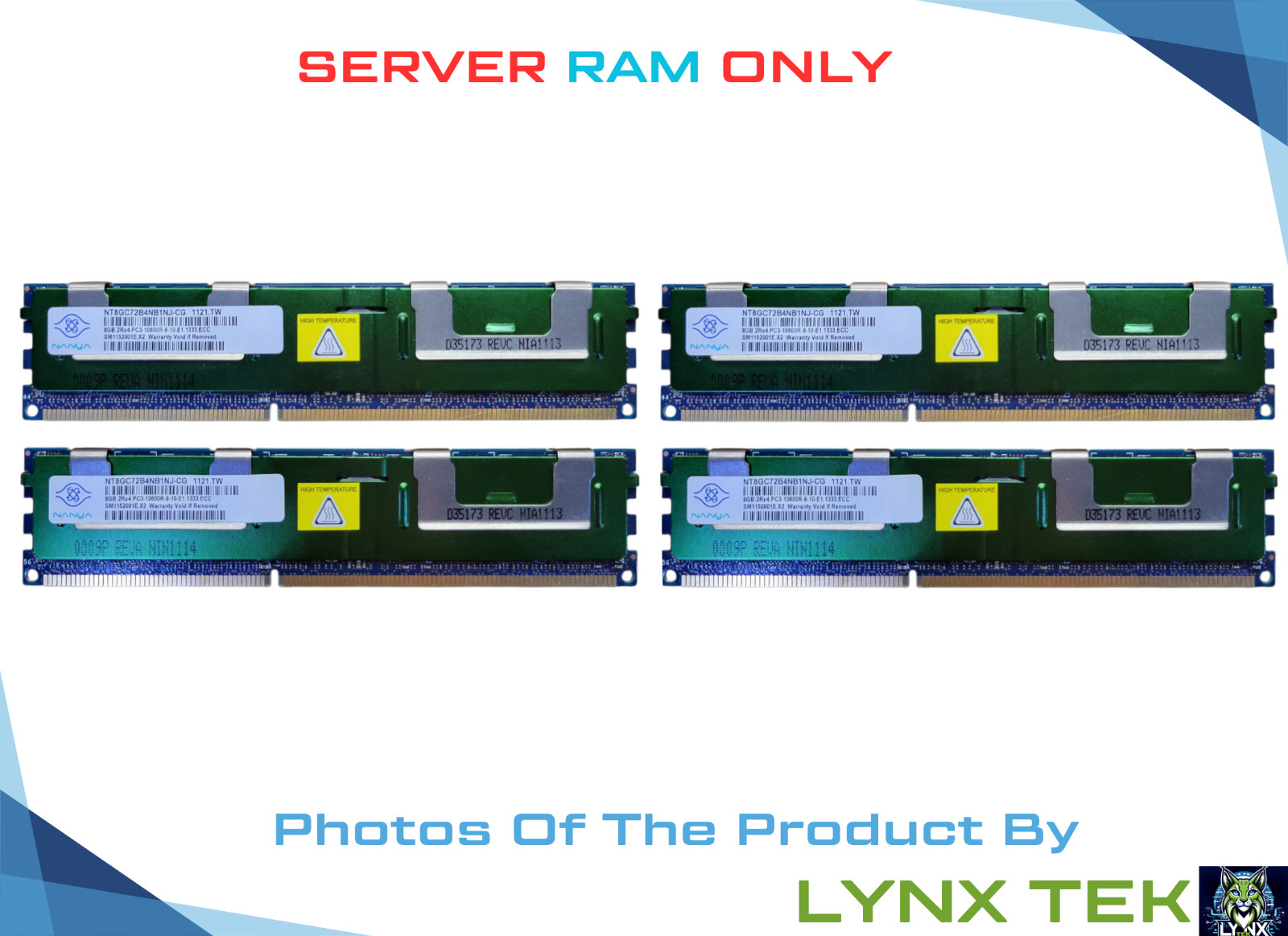 Lot of 4 Nanya 8GB 2Rx4 PC3 10600R ECC RDIMM SDRAM NT8GC72B4NB1NJ-CG