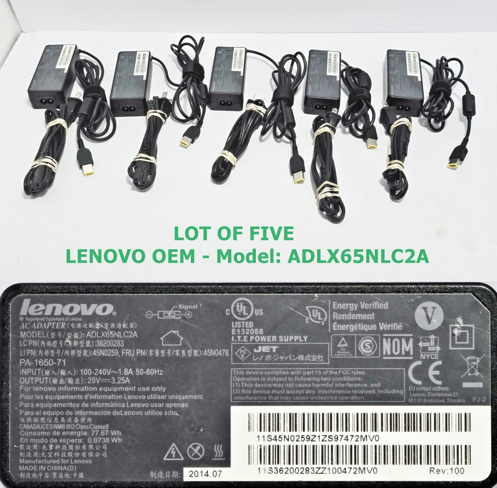 Lot of 5 Lenovo 65w 20V 3.25A Ideapad Yoga Laptop AC adapter Charger flat tip