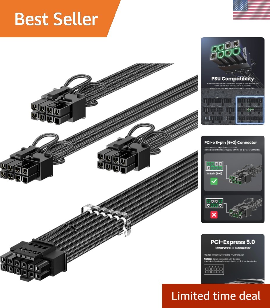 High-Quality 16pin to 3x8pin GPU Power Cable - 70cm Sleeved for RTX Series