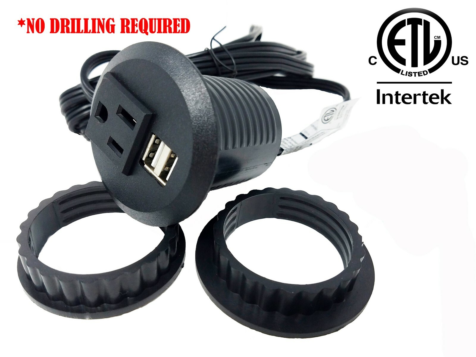Pwr-Plug Table Desktop Power Grommet Outlet 1 US Plugs  2 USB Ports Charger 