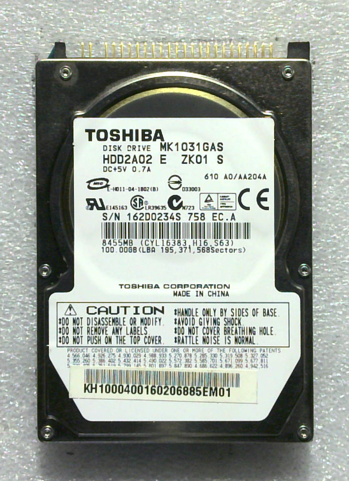 Toshiba - MK1031GAS - 100GB - HDD2A02 E ZK01 S - SN: 162D0234S