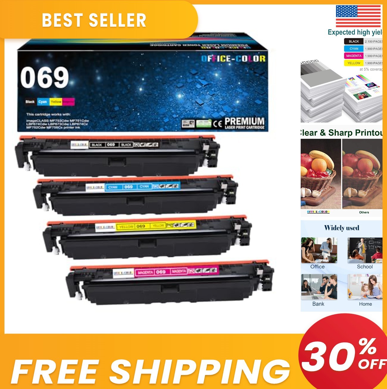 069 Toner Cartridge Set 4 Pack Black Cyan Yellow Magenta High Yield Laser