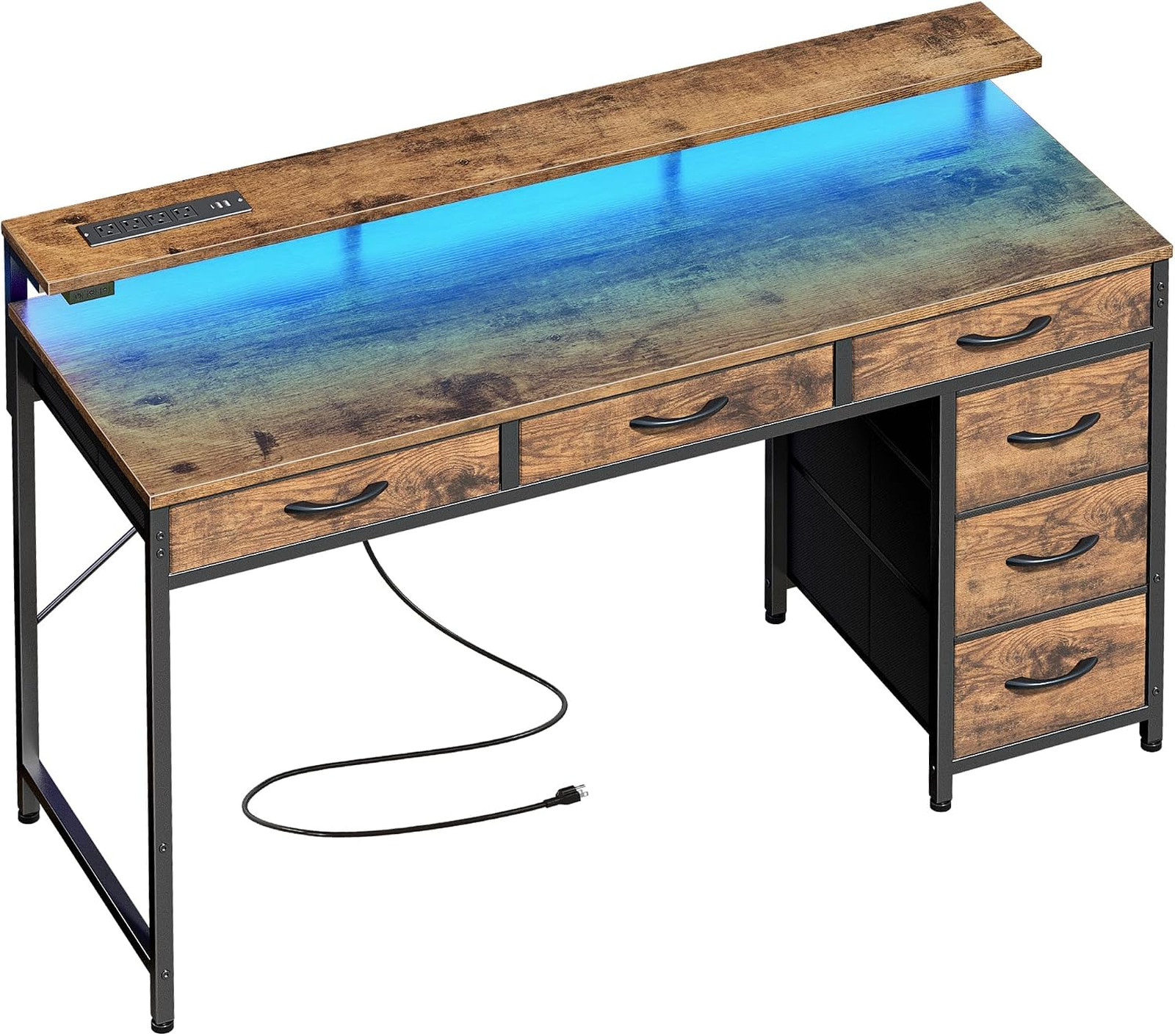 Gaming Desk with LED Lights and Power Outlets, 47 Inch Computer Office Desk with
