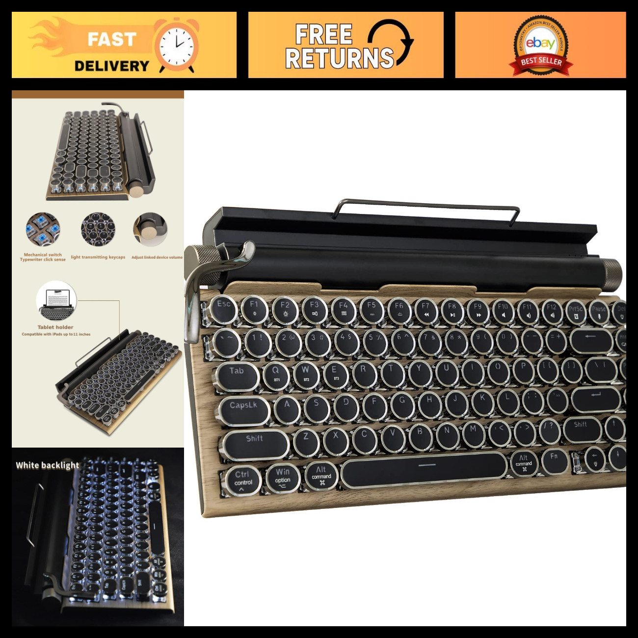 Retro Mechanical Keyboard with LED Backlight, Bluetooth 5.0, 83 Keys, Wood Panel