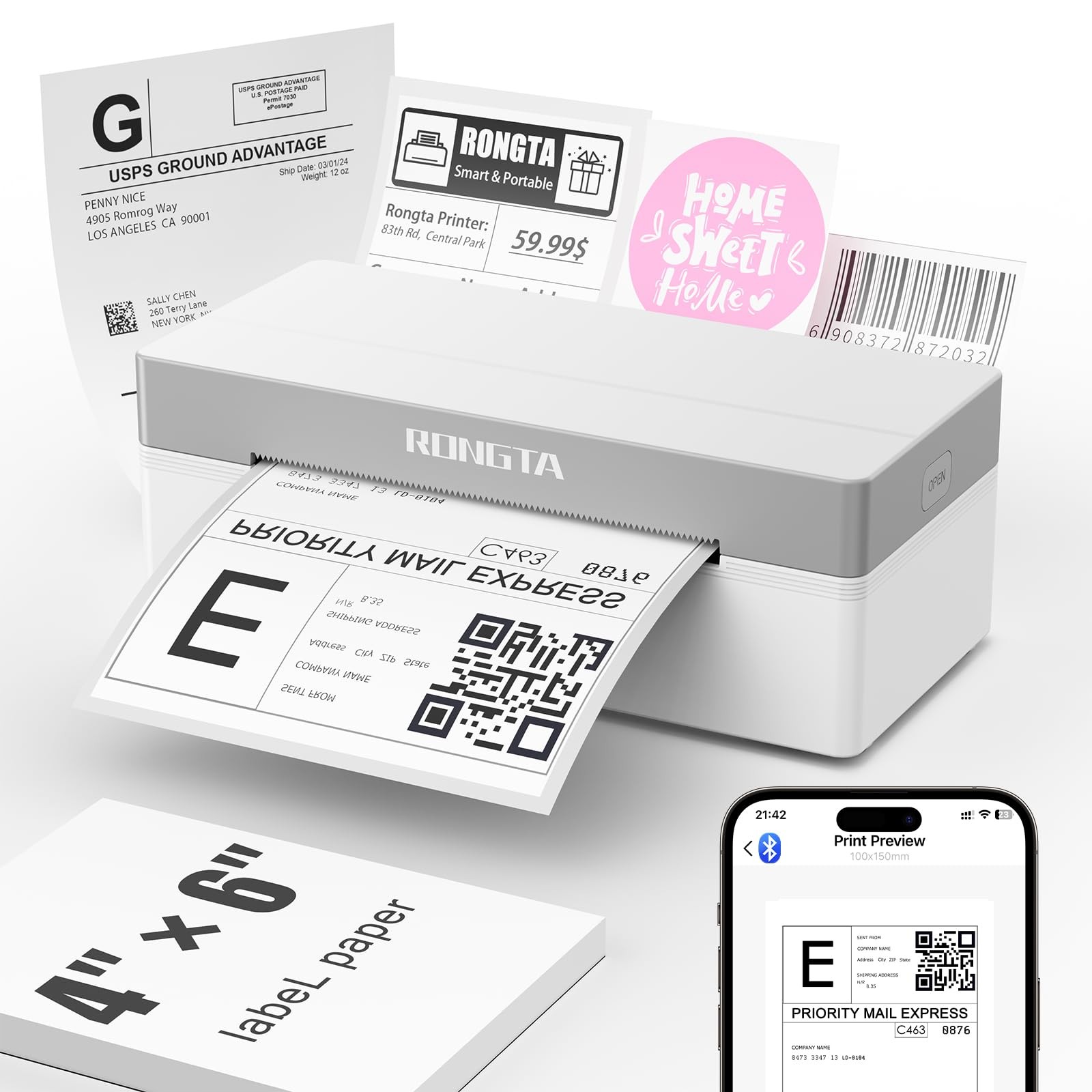 Rongta 4x6 Bluetooth Thermal Shipping Label Printer Windows macOS iOS Android