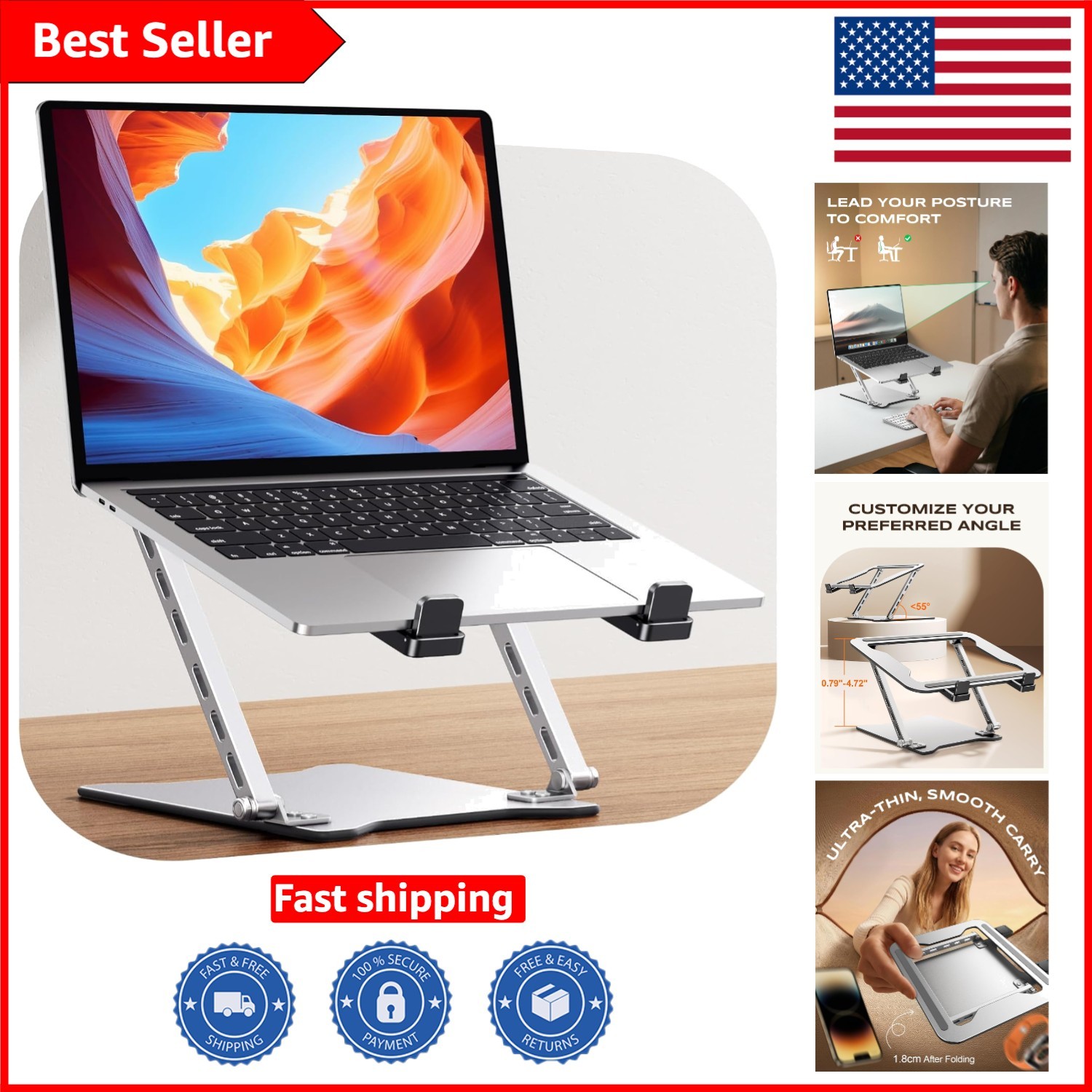 Compact & Portable Laptop Stand – Height Adjustable Ergonomic Riser in Silver