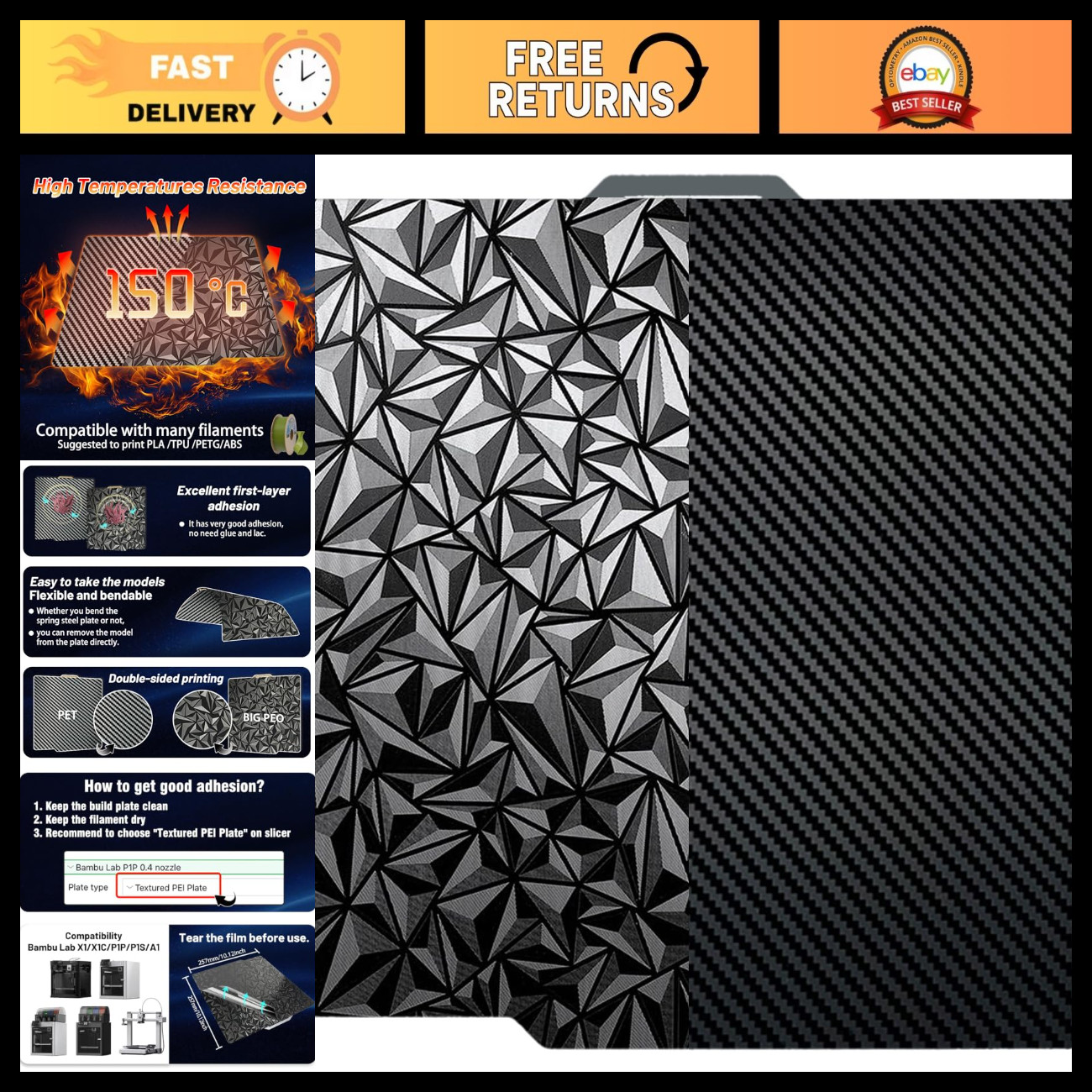 3D Printer Build Plate 257x257mm, Diamond PEO Carbon Fiber, Flexible Heating Bed