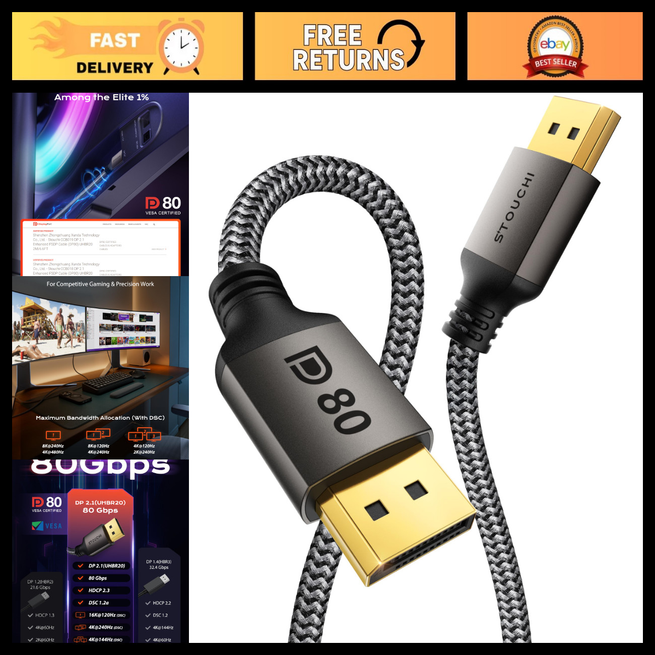 15FT DisplayPort 2.1 Cable, 80Gbps UHBR20, High-Speed Gaming Cord, Ultra HD