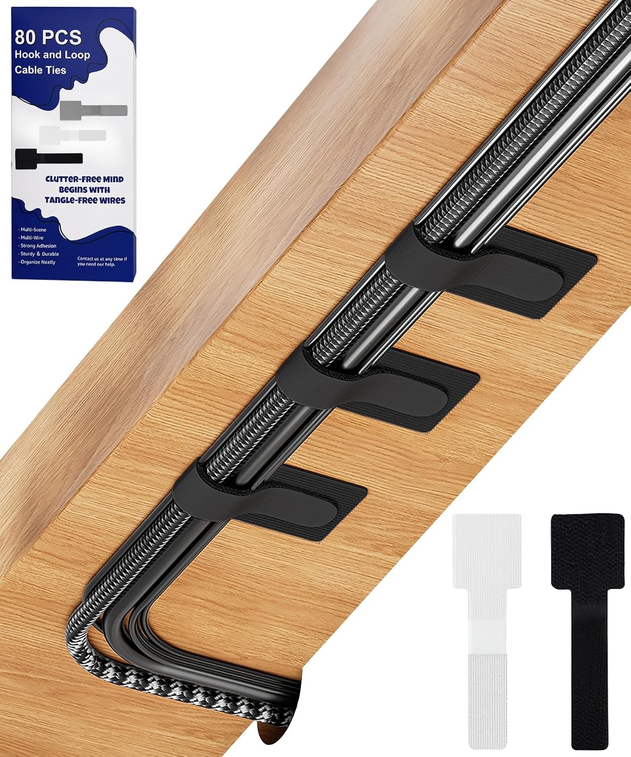 80PCS Hook and Loop Cable Ties, Under Desk Cable Management, Adhesive Cable