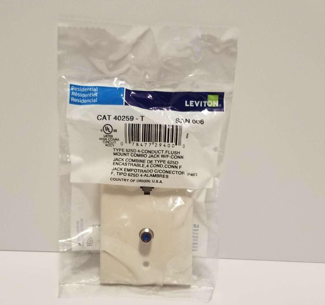Leviton Cat. 40259 - T ( lot of 4 ) Standard Telephone Wall Jack,Type625D