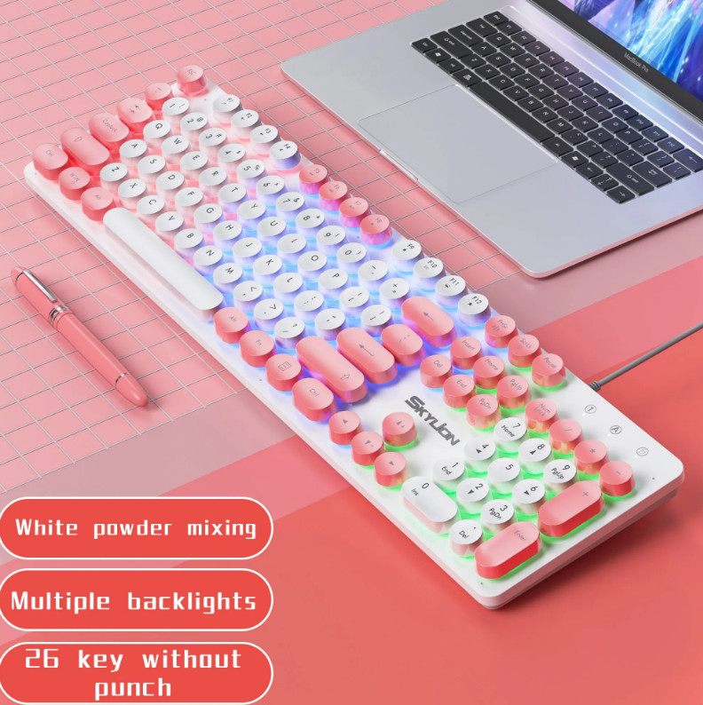 Wired RGB Gaming Keyboard, 104 Keys Compact Mechanical Keyboard, Pink and White