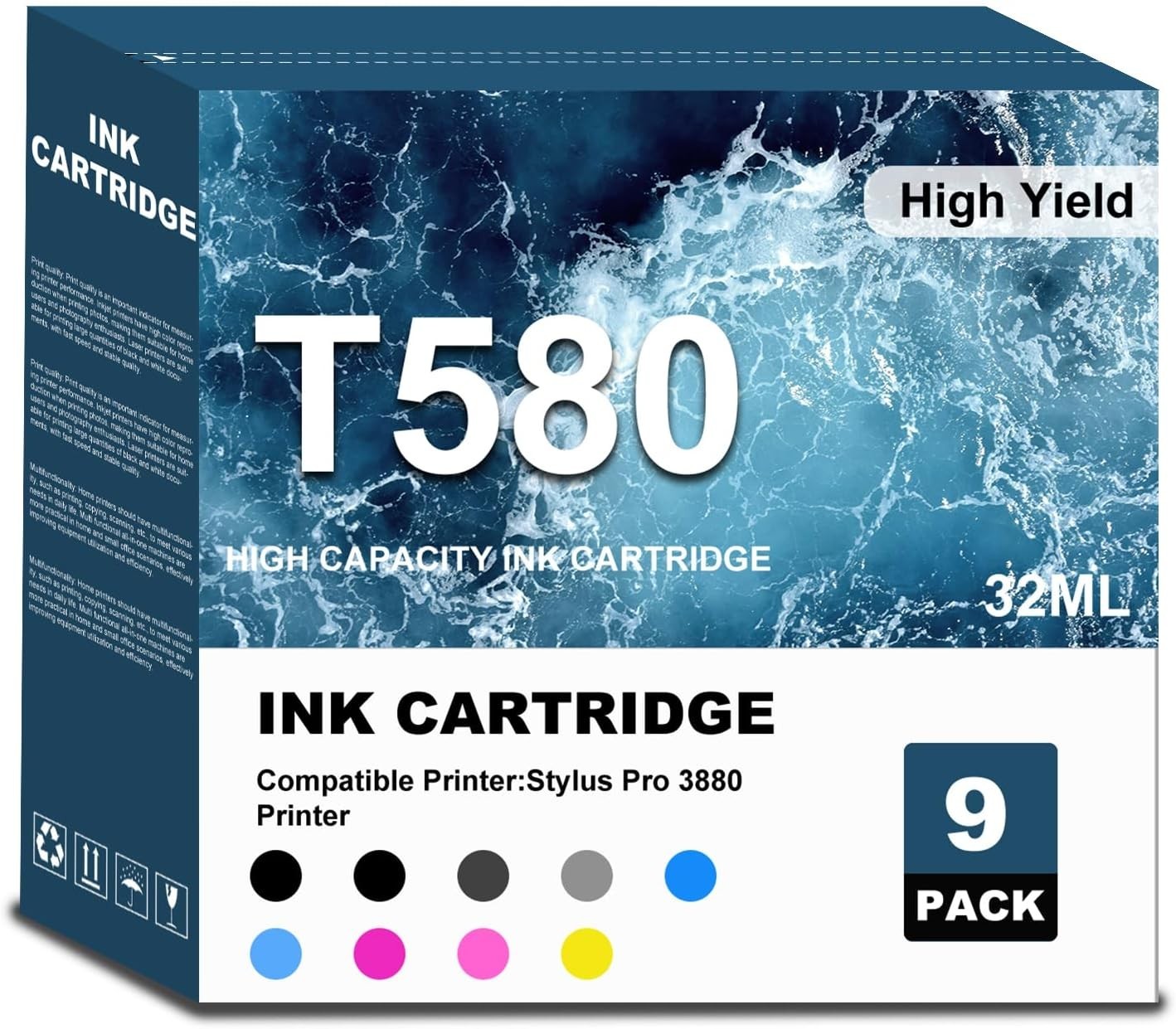 High-Capacity T580 Ink Cartridges Remanufac. Chip [Compatible with Epson] 9-Pack