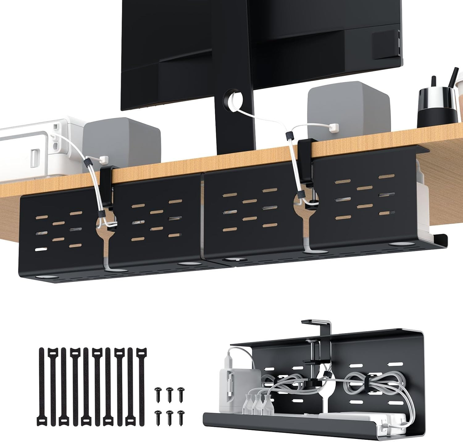 KEEGH 16" under Desk Cable Management Tray, No Drill Clamp Mount, Desk Cord Orga
