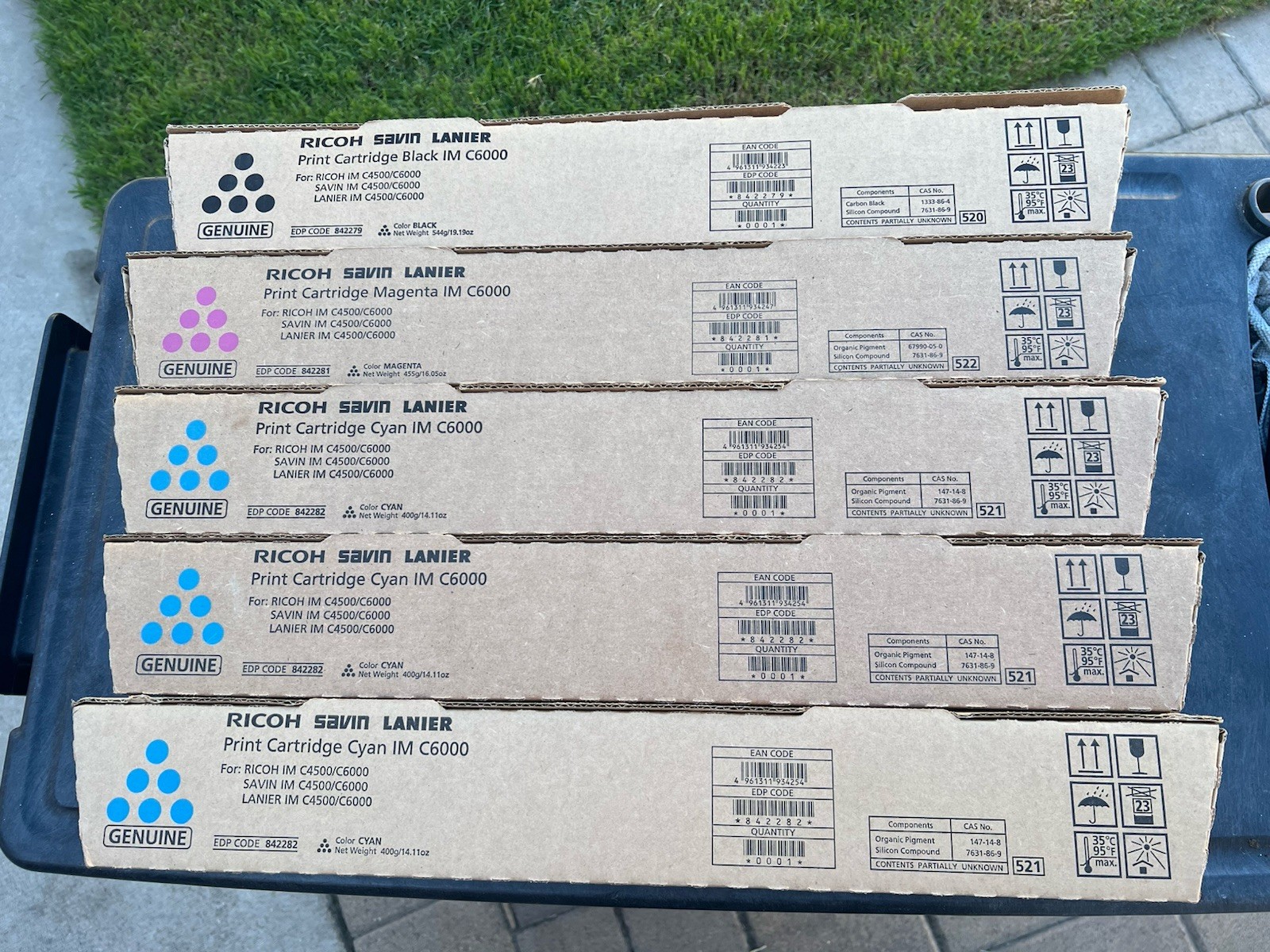 LOT OF 5 Genuine Ricoh IM C6000 Toner Cartridges.,Magenta,Yellow,Black