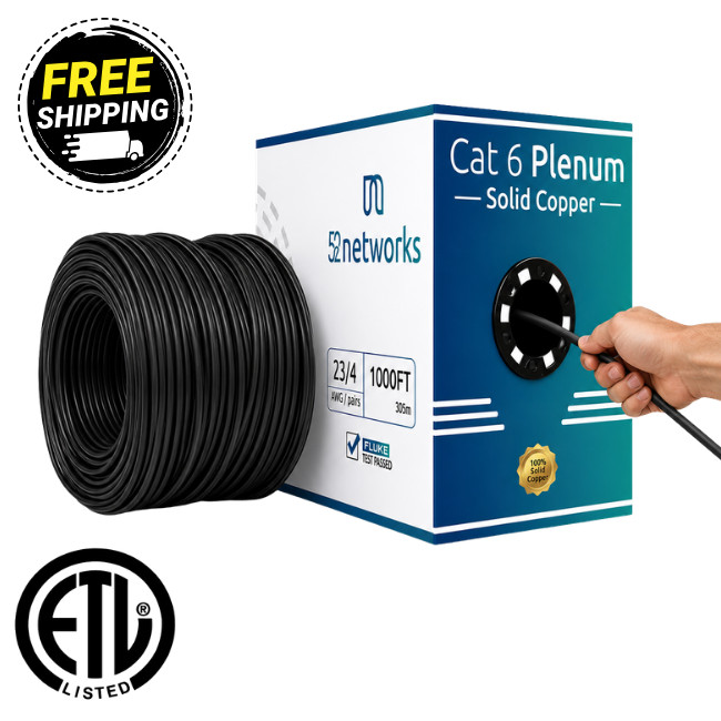 52Networks 1000FT Cat6 Plenum Solid Copper UTP Cable Black - ETL Listed