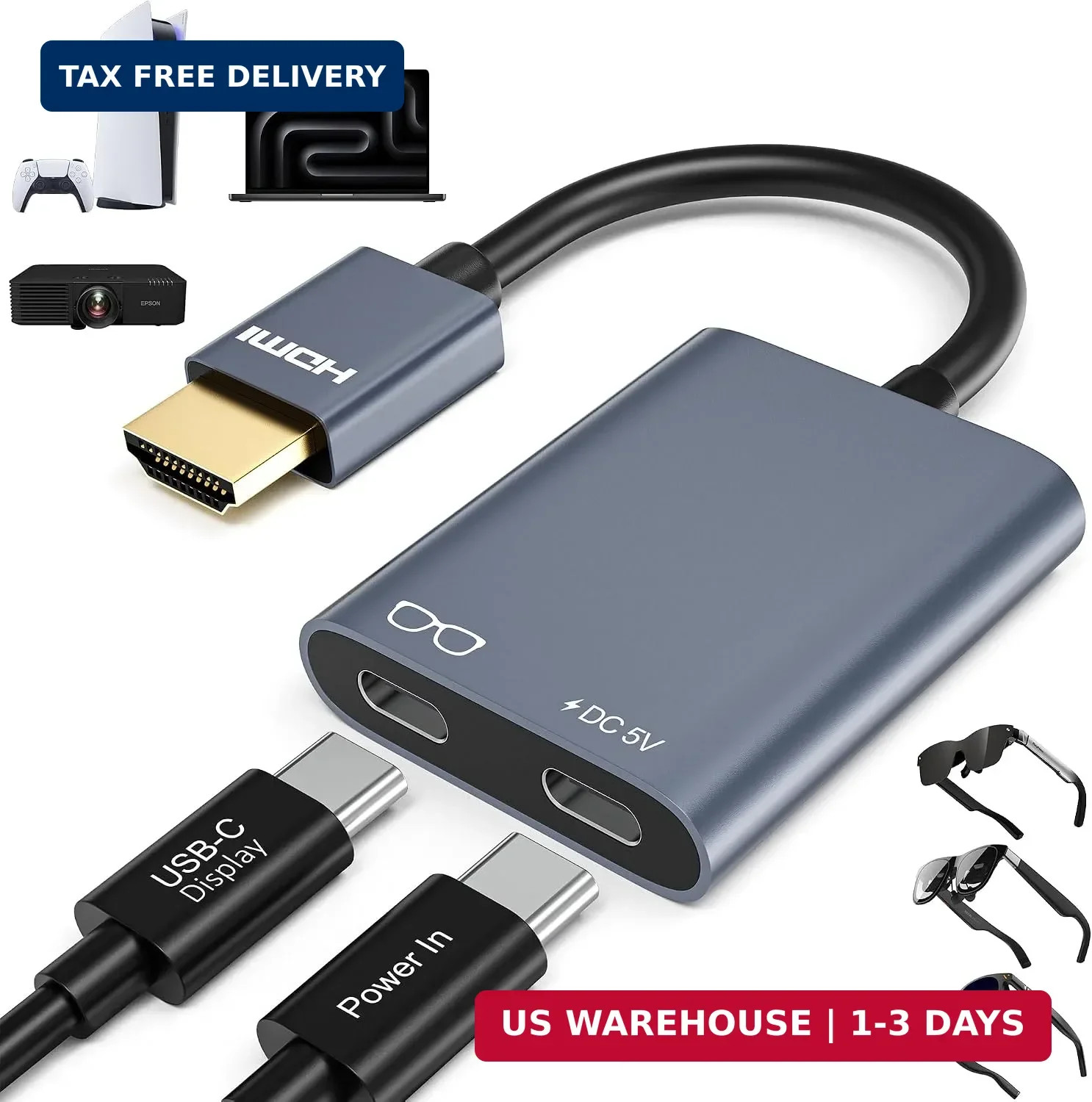 AR Glasses HDMI to USB C Adapter 4K@60Hz, XR Converter with Play & Charge for