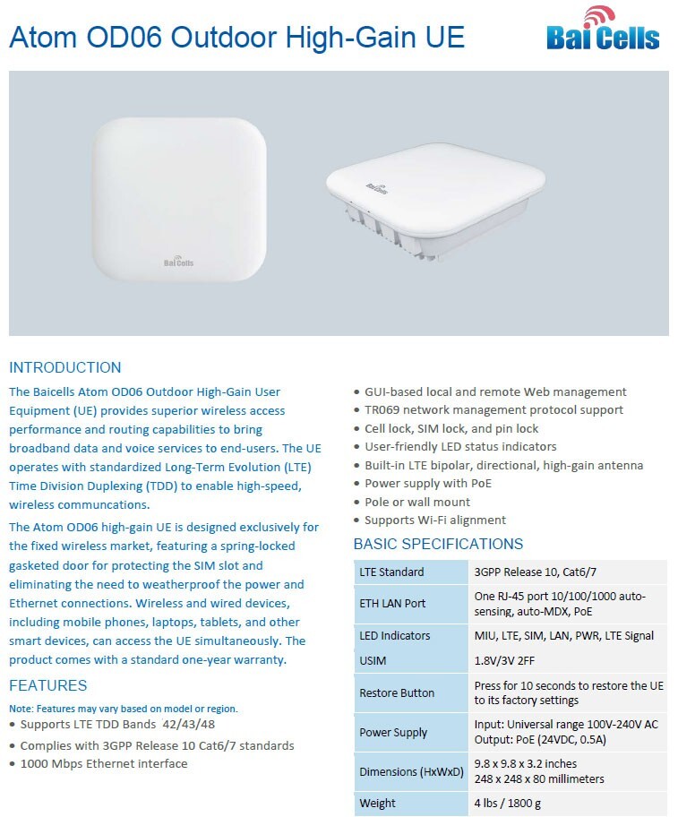 Baicells New EG7010A-M11 Atom OD06 3.5GHz Outdoor LTE CAT6 CPE, Bands 42/43/48