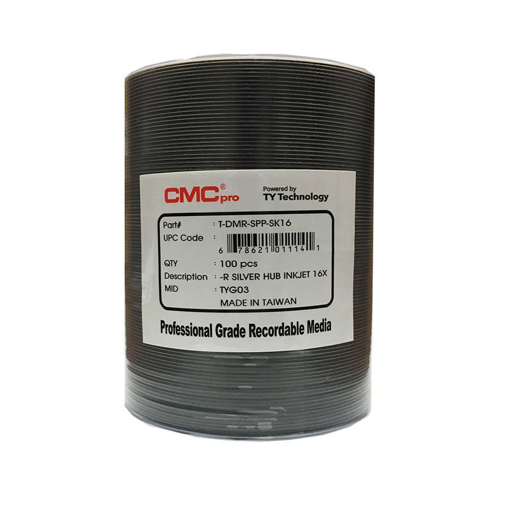 100 CMC Pro Taiyo Yuden (TDMR-SPP-SK16) 16X DVD-R Silver Inkjet Hub Printable