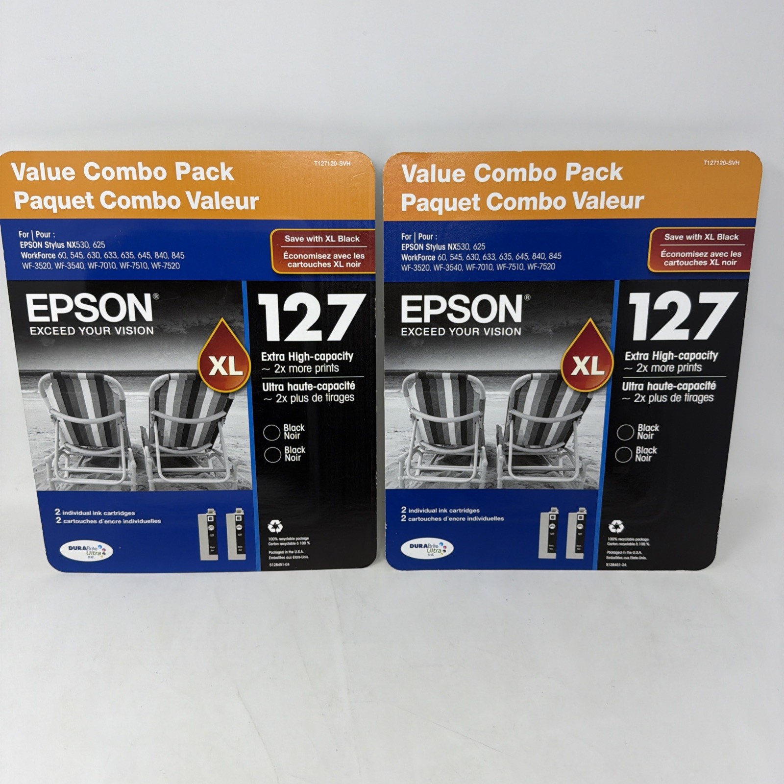 2 Epson 127XL T127120-SVH Extra High Capacity Ink 2 Pack Black EXP 08/23 & 01/25