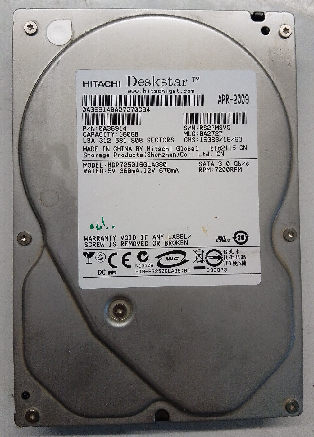Hitachi Deskstar 160gb HDP725016GLA380 0A36914 110 0A90026 01 Hard Drive 3.5 SATA