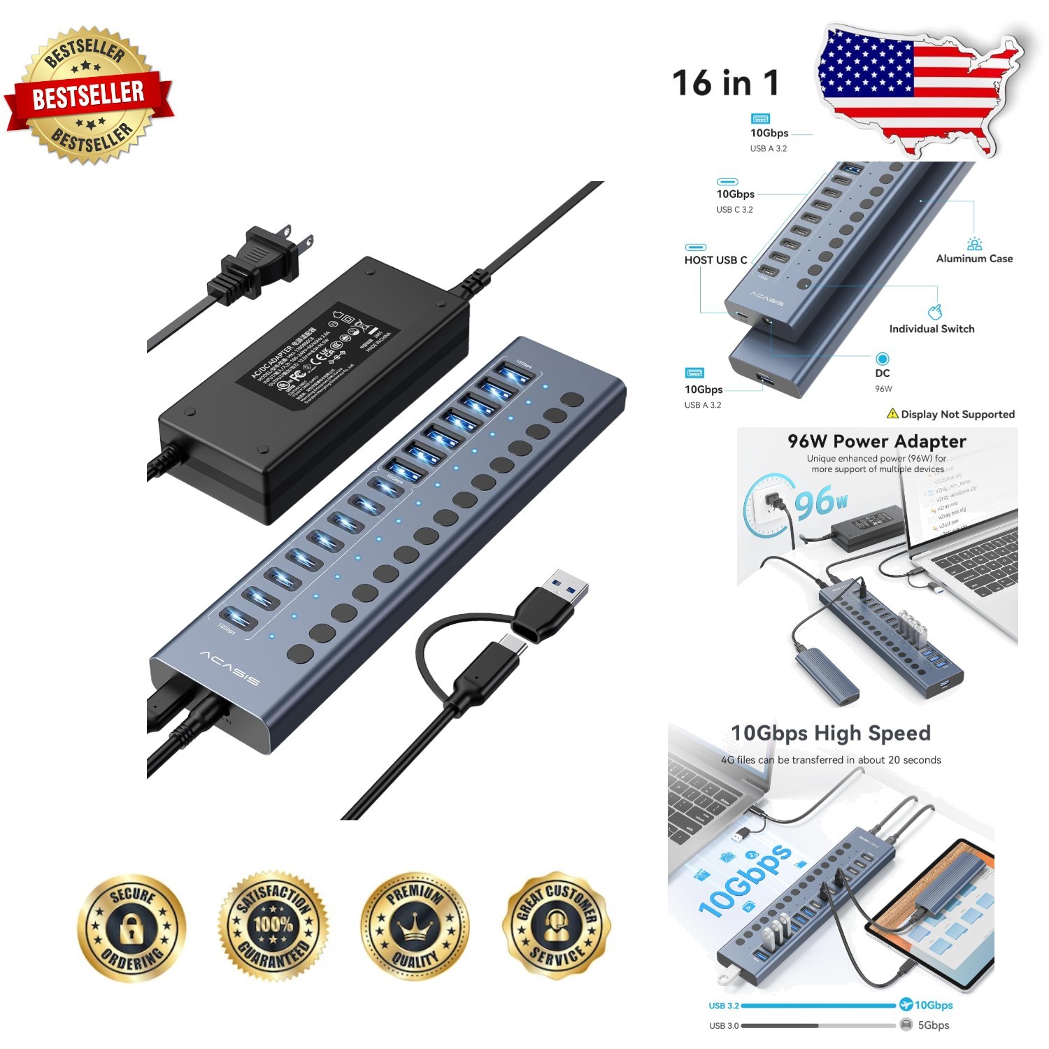Durable 16-Port USB 3.2 Hub: 10Gbps, Aluminum, 96W Power, Wide Compat